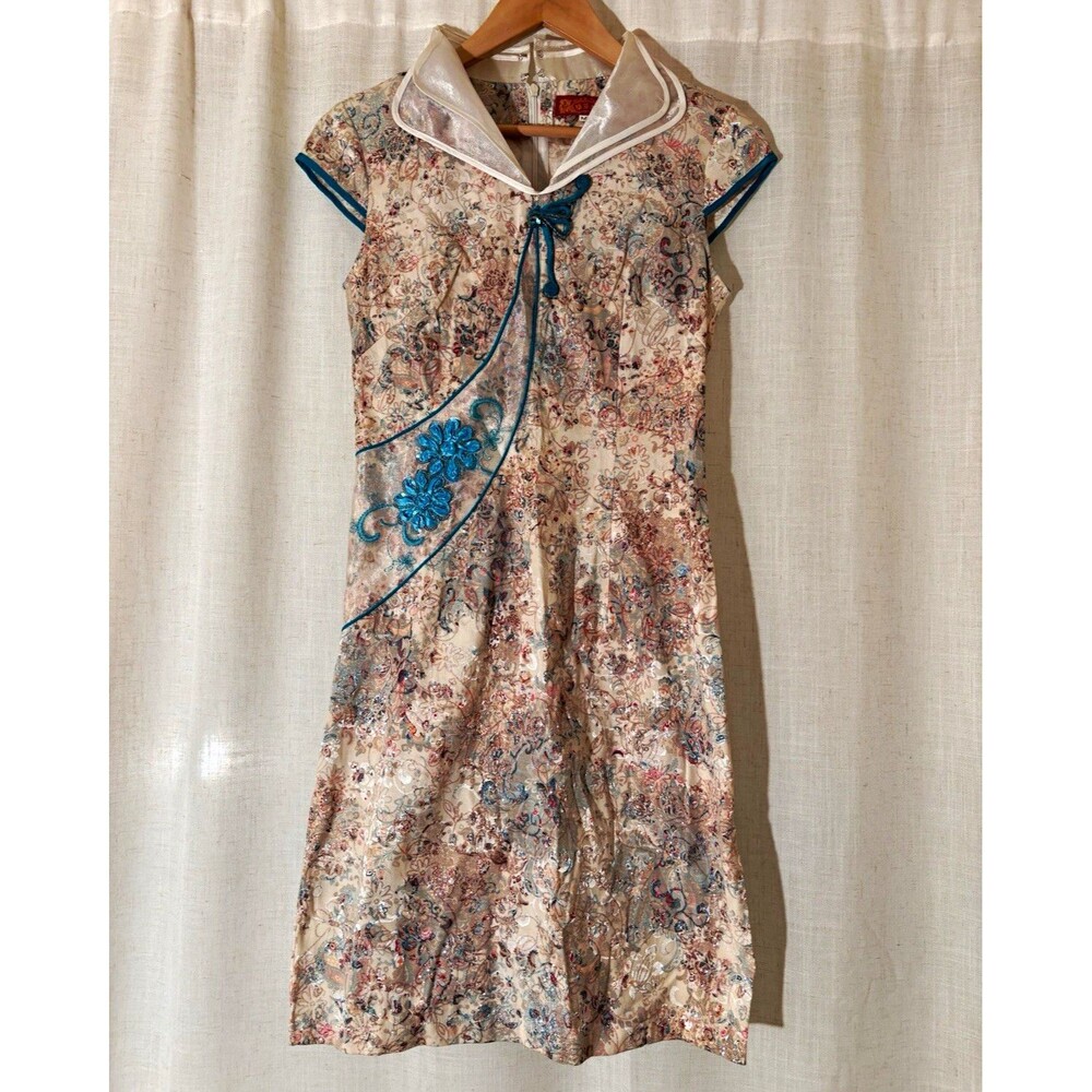 Hua Zi Yun Women’s Size M, Cheongsam Beige Jacquard Cotton Blend Dress - Petite